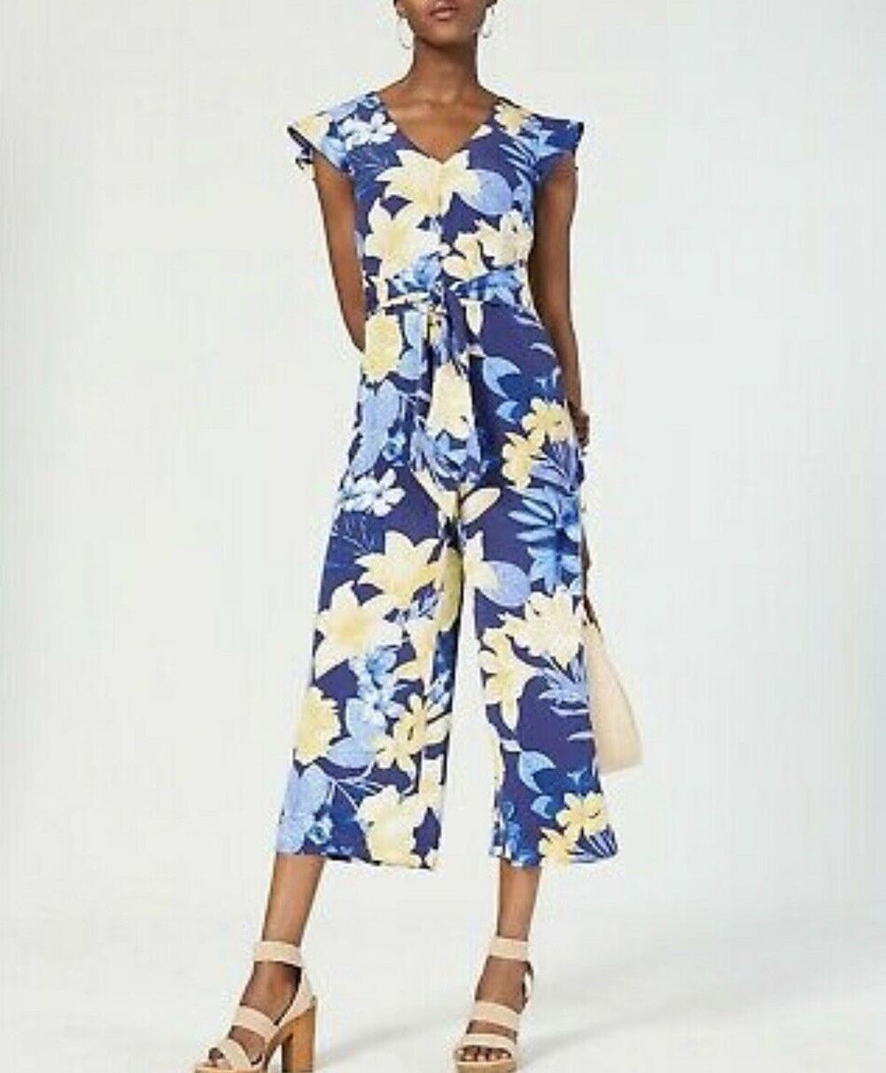 INC SZ 6 Capri Jumpsuit Floral Ruffled Cap Sleeves V-Neck Pocket Wide Leg Zipper